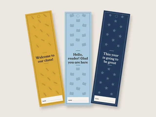 Three printed back-to-school bookmarks, the no-fold option, on a beige background: mustard with Welcome to our class!, light blue with open-book icons, and navy with stars, each with a name line.
