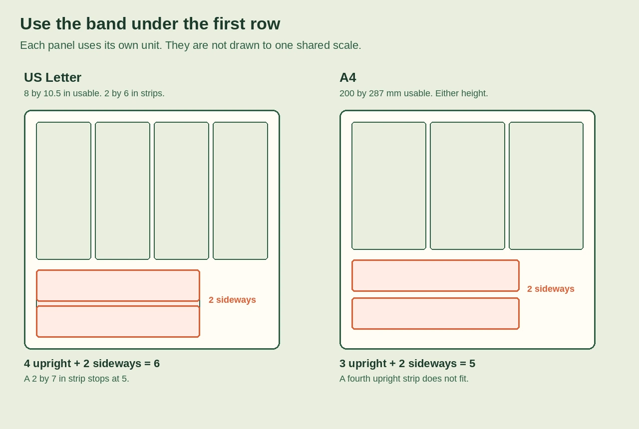 Diagram of a Letter sheet with four upright strips and two sideways strips below them, beside an A4 sheet with three upright strips and two sideways strips, each panel in its own unit.