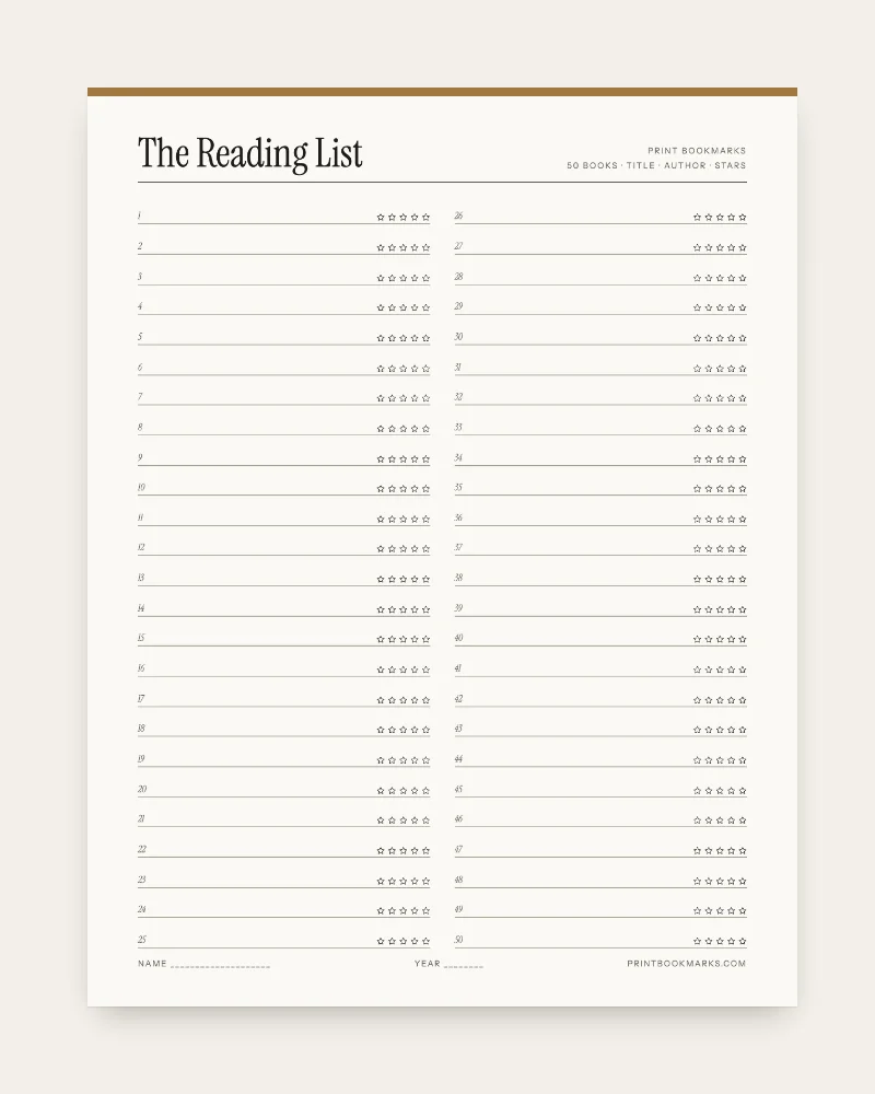 A printed sheet titled The Reading List with fifty numbered lines in two columns, each line ending in five empty stars, and lines for name and year at the bottom.