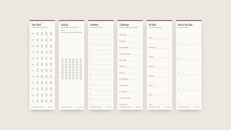 Six cream bookmark backs in a row, titled Year Shelf, Goal Jar, Finished, Challenge, By Kind and Best of the Year, with month rows, a grid of circles, numbered lines, checkbox prompts, genre lines and five ranked lines.