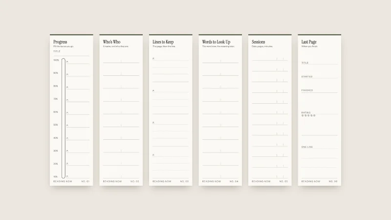Six cream bookmark backs in a row, titled Progress, Who's Who, Lines to Keep, Words to Look Up, Sessions and Last Page, each ruled with lines and a few small boxes.