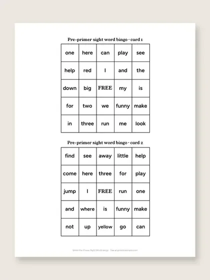 One printed sheet with two 5 by 5 pre-primer sight word bingo cards, each with a FREE center square and words such as one, here, can, play, see and help in the other squares.