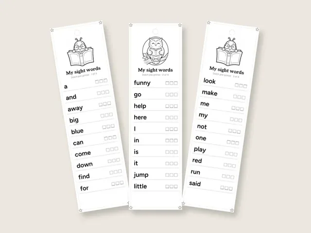 Three white printable bookmarks on a beige background, each headed My sight words with a small reading owl or bug, ten words down each strip and three tick boxes beside every word.