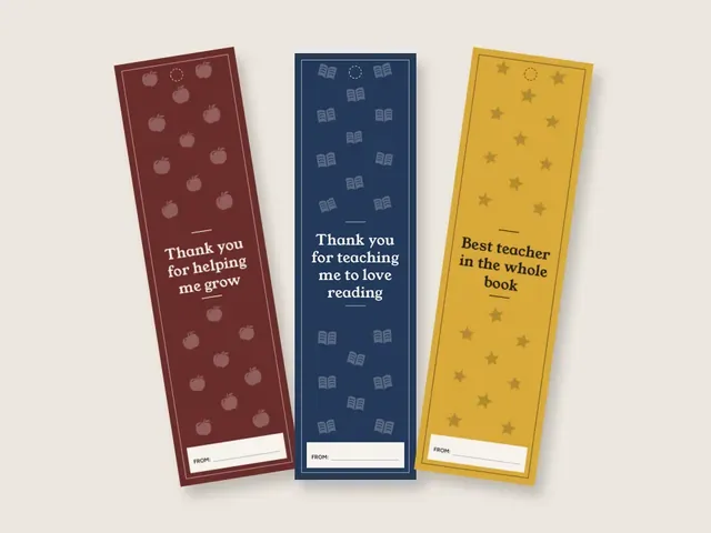 Three printed teacher bookmarks on a beige background, each with a From line: dark red with apples, navy with open books and yellow with stars, each carrying a short thank-you to a teacher.