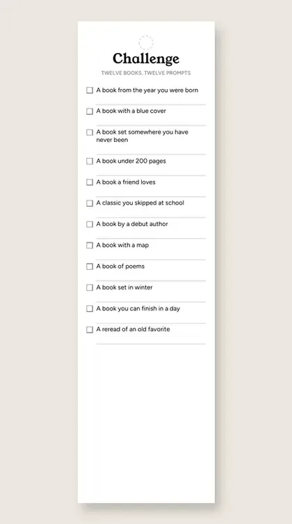 One white printed bookmark on a pale gray background, headed Challenge, twelve books, twelve prompts, with twelve checkbox rows such as a book with a blue cover and a book under 200 pages.